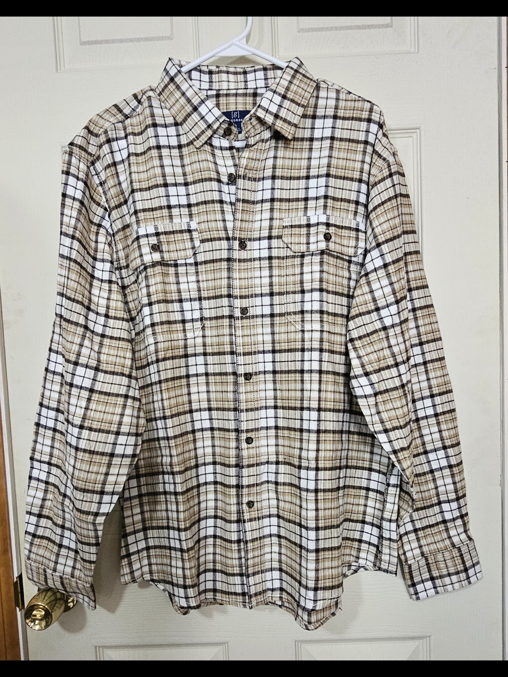 George Men's Plaid Long-Sleeve Shirt - Beige/White Size L